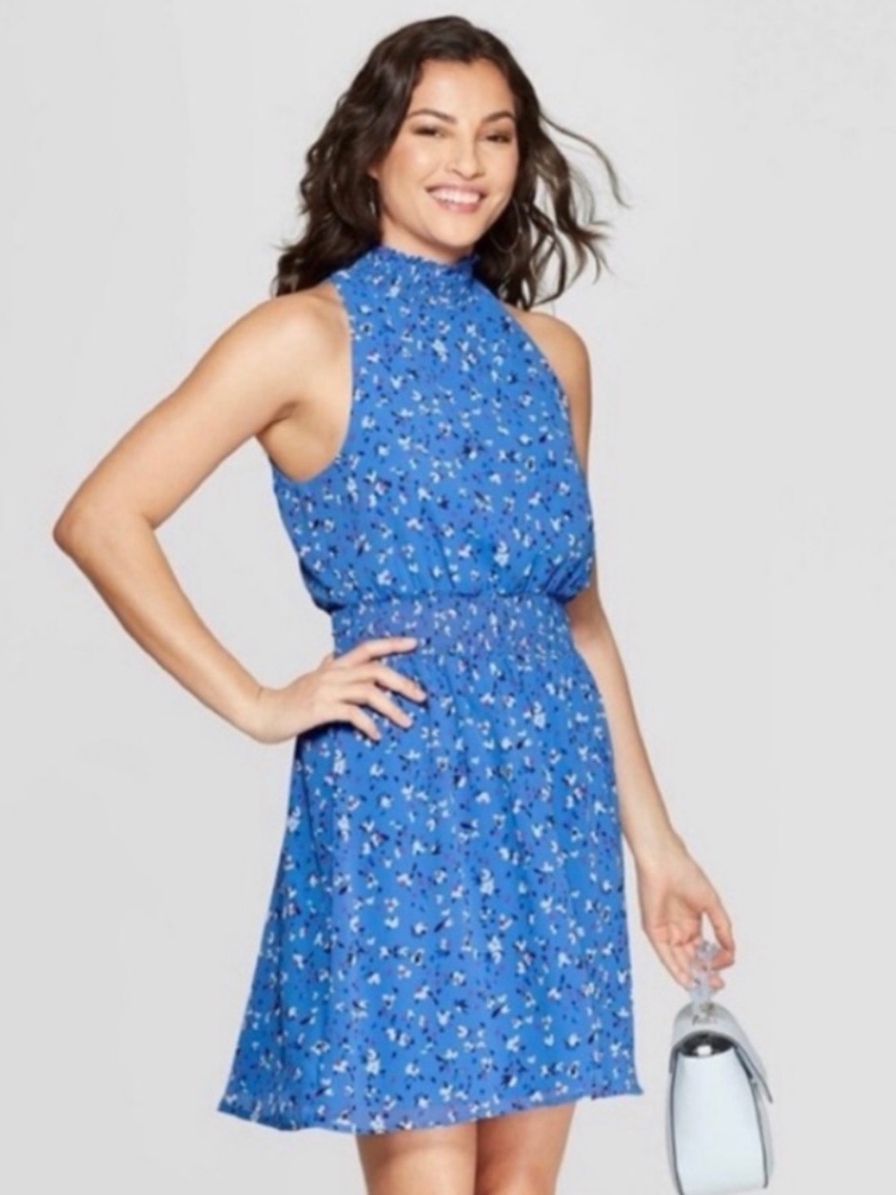 a new day Blue Floral High-Neck Mini Dress